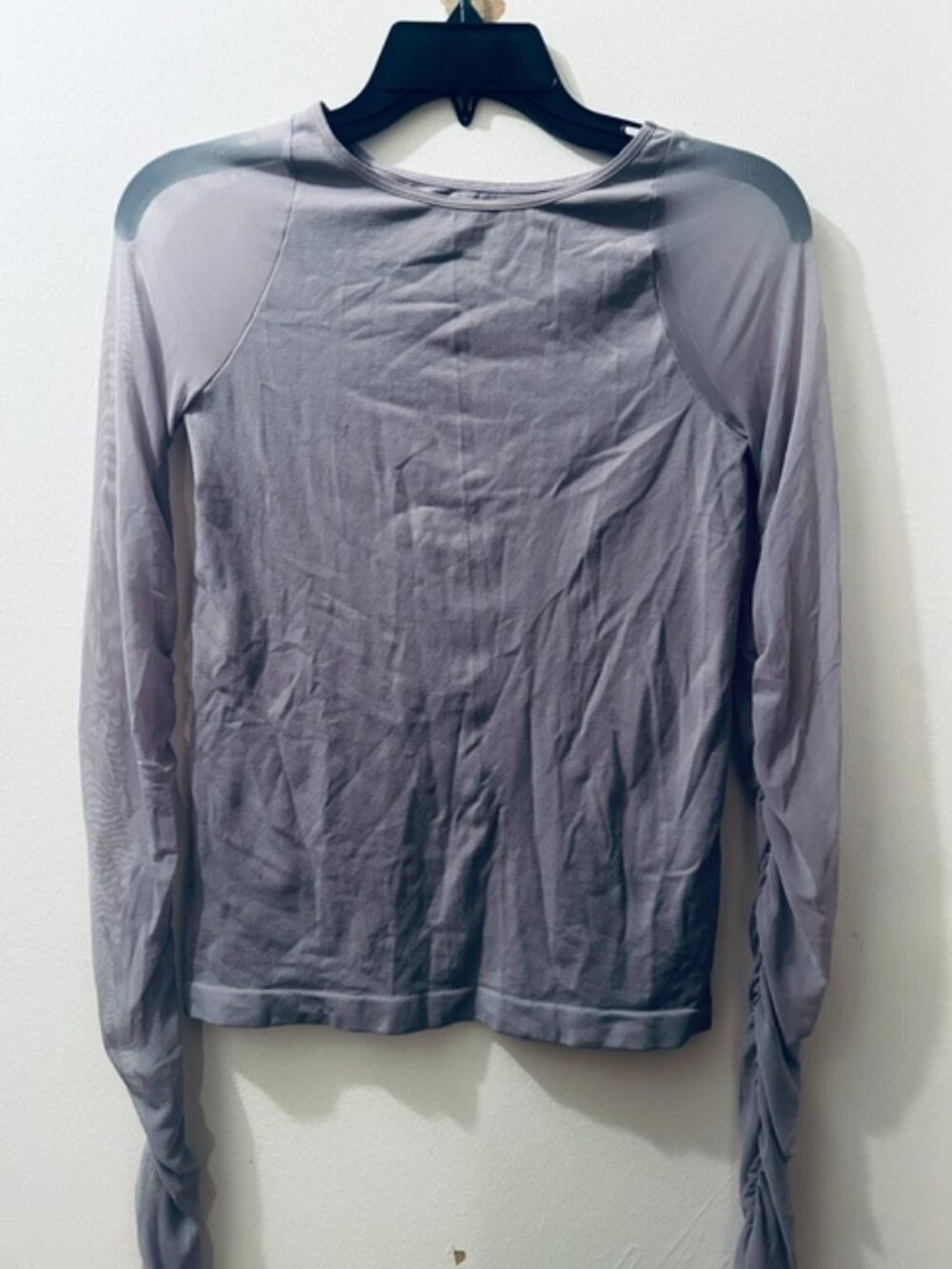 Free People Intimately Blue Gray Long Sleeve Sheer Mesh Ruch Sleeve Top NEW